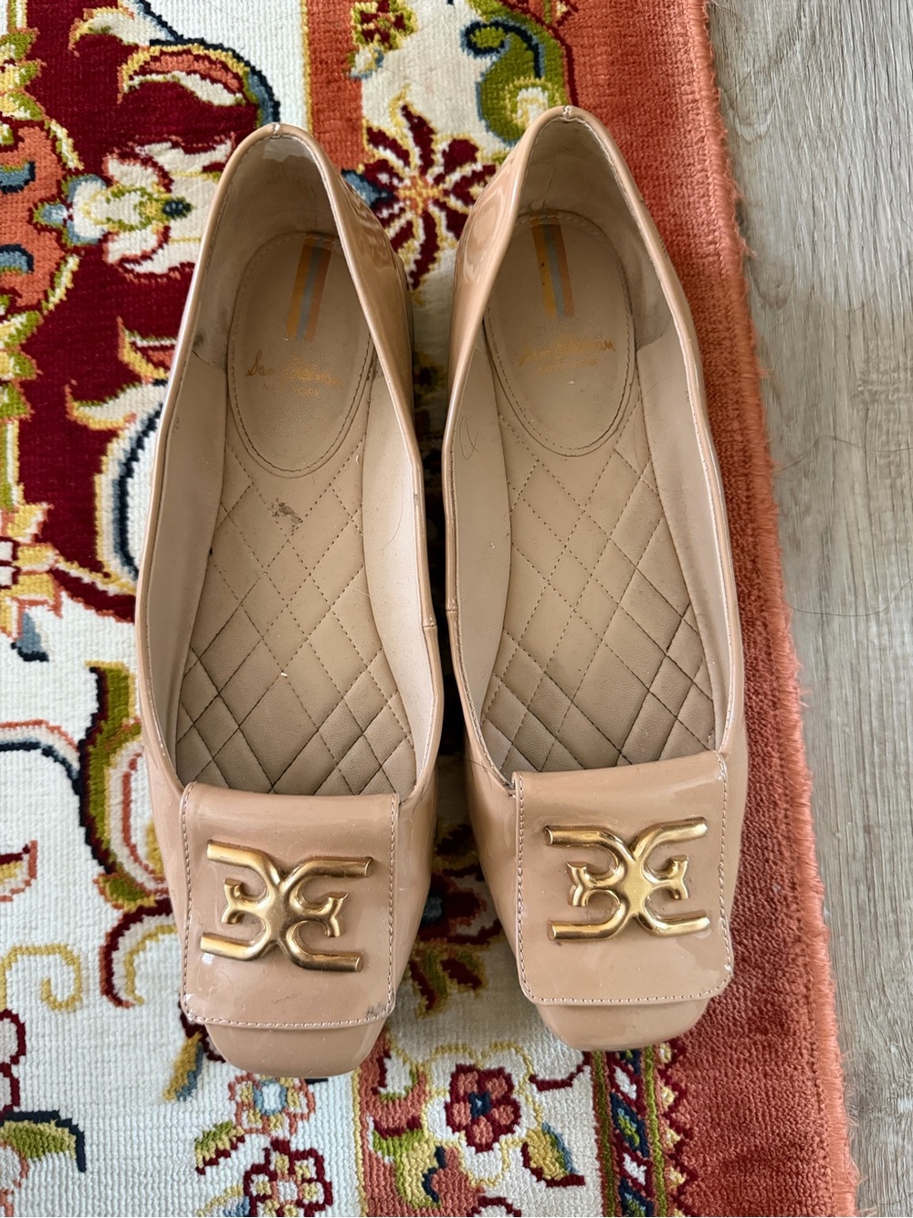 Sam Edelman Nude Patent Loafers with Gold Logo Accent